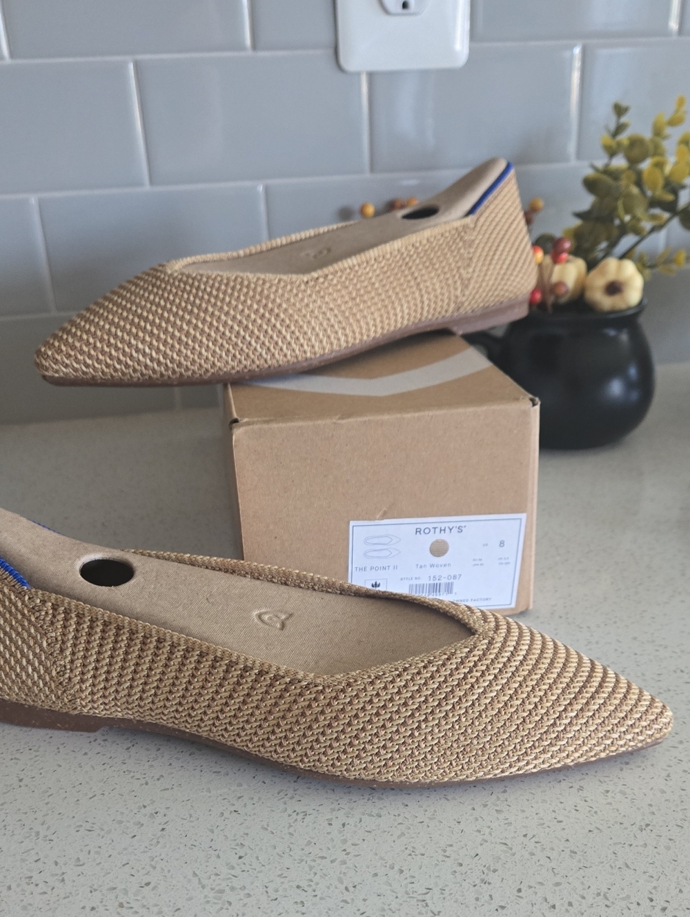 Rothy's The Point Pointed-Toe Flat in Tan with Blue Trim